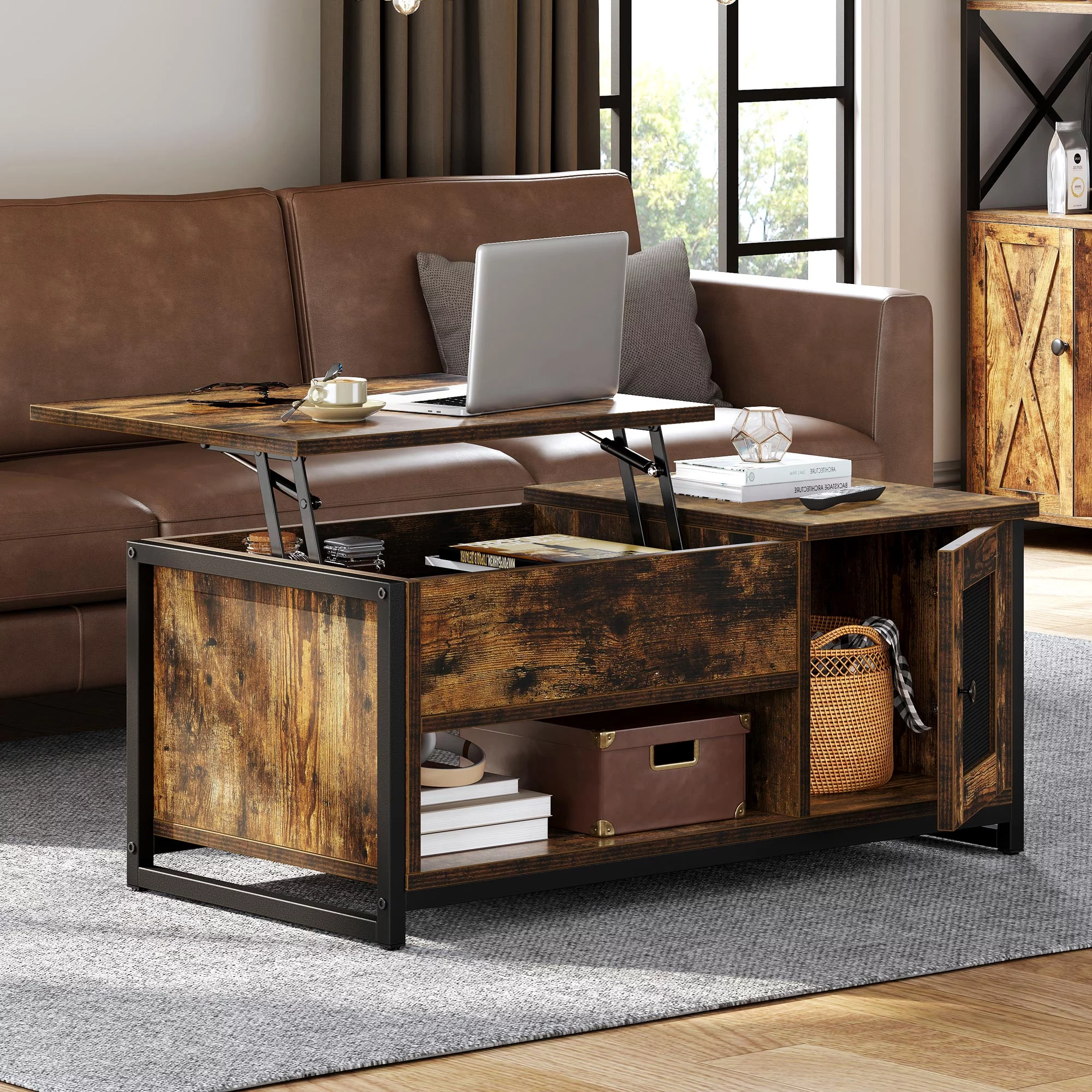 Dextrus Lift Top Coffee Tables with Storage, Double Doors Cocktail Table for Living Room, Rustic Brown