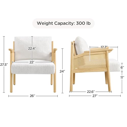 Yaheetech Accent Chair, Boucle Vanity Chair with Rattan Back Arms, Mid Century Chair Upholstered Living Room Chair Lounge Chair Bedroom Balcony White