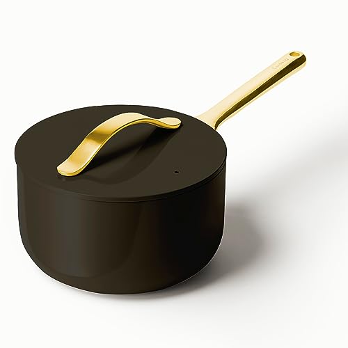 Caraway Nonstick Ceramic Sauce Pan with Lid (3 qt) - Non Toxic, PTFE & PFOA Free - Oven Safe & Compatible with All Stovetops (Gas, Electric & Induction) - Perracotta