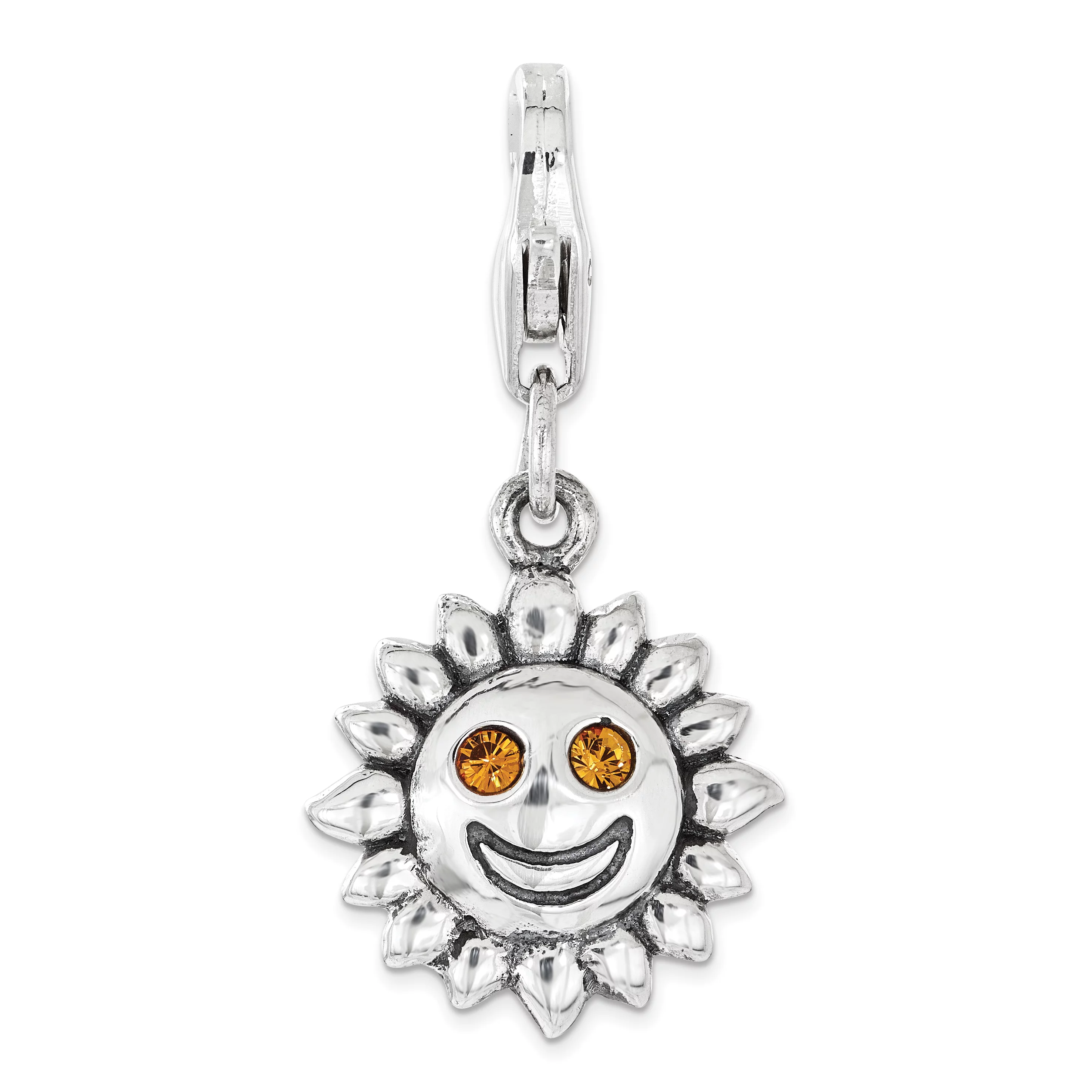 Sterling Silver Amore La Vita Polished 3-D Yellow Crystal From Swarovski Sun Charm Pendant with Fancy Lobster Clasp