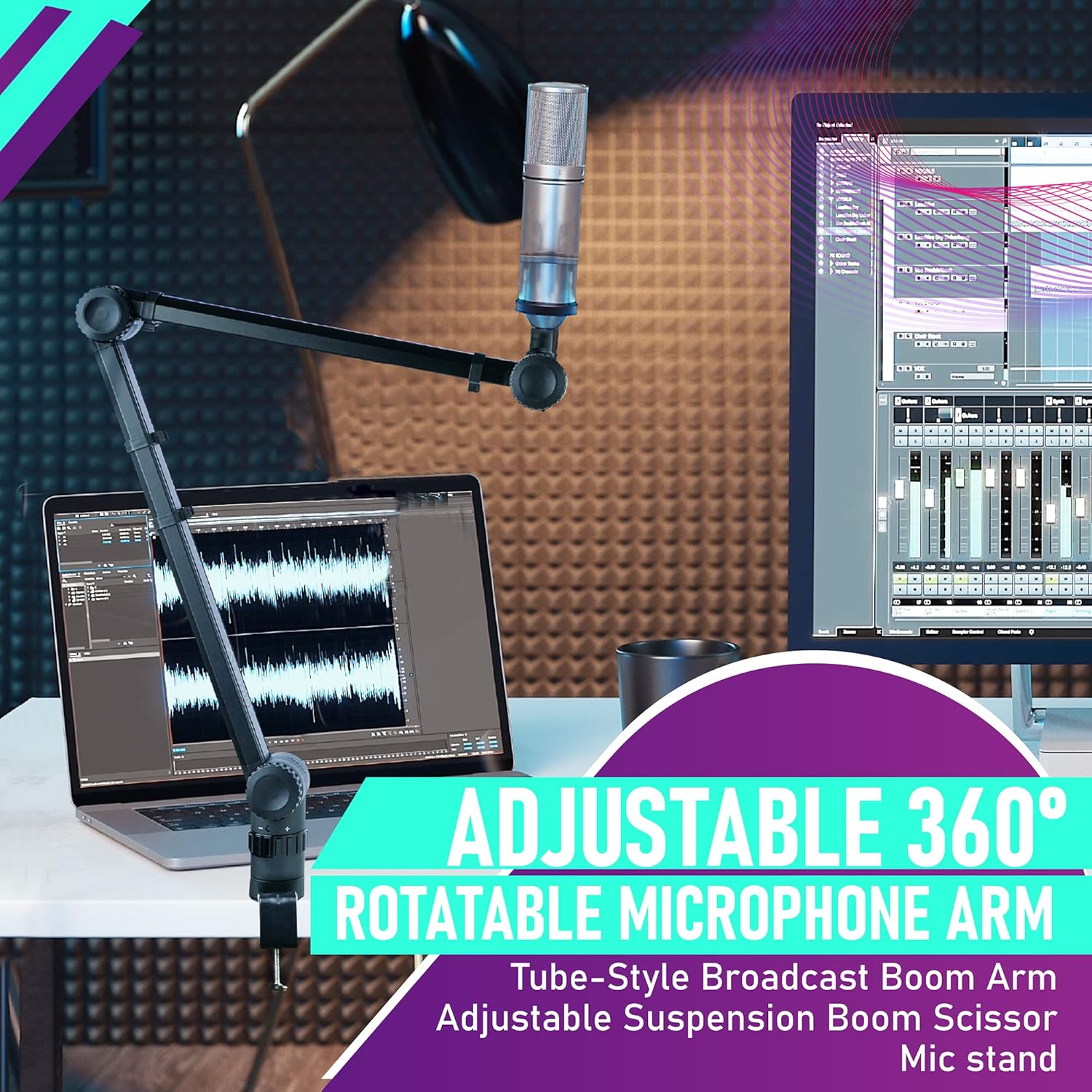 Aremor Pro Heavy Duty Deluxe Desk Mounted Tube-Style Broadcast Boom Arm Adjustable Suspension Boom Scissor Mic stand - Adjustable 360�� Rotatable Microphone Arm - Stable Microphone Mount Arms