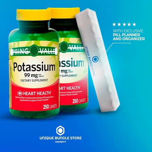 Potassium Supplement 99 mg, 250 Caplets - Dietary Supplement + 7 Day Pill Organizer Included (Pack of 2)