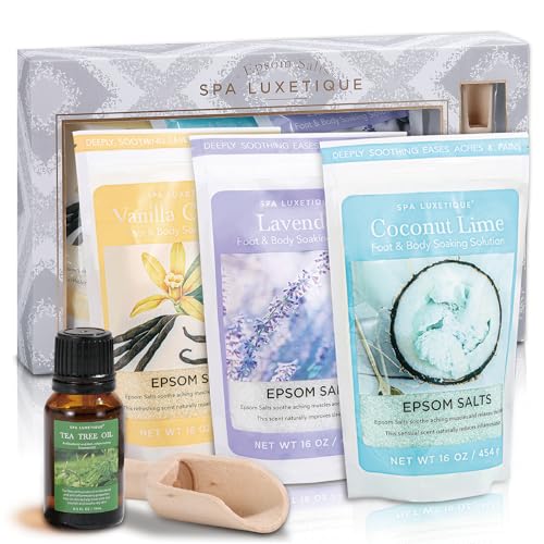 spa luxetique Bath Salts, 8pcs Bath Salts Gift Set with Argan Oil, Bath Bombs, Wooden Scoop, Epsom Salt for Soaking in Lavender, Rose, Chamomile Scent, Mother's Day Gifts