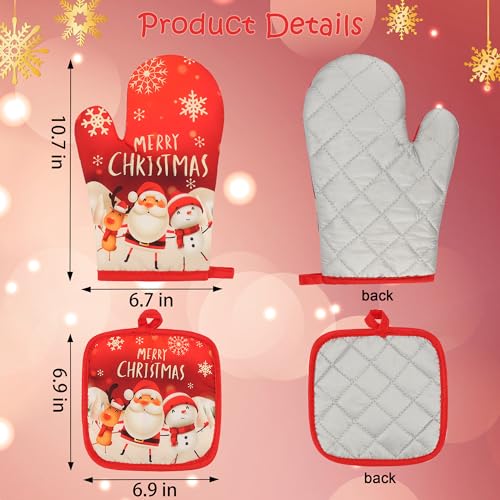Lucleag Christmas Oven Mitts and Potholders Set, 4 PCS Christmas Santa Snowman Deer Oven Mitts Pot Holders Heat Resistant Non-Slip Cooking Gloves for Xmas BBQ Cooking Baking Grilling