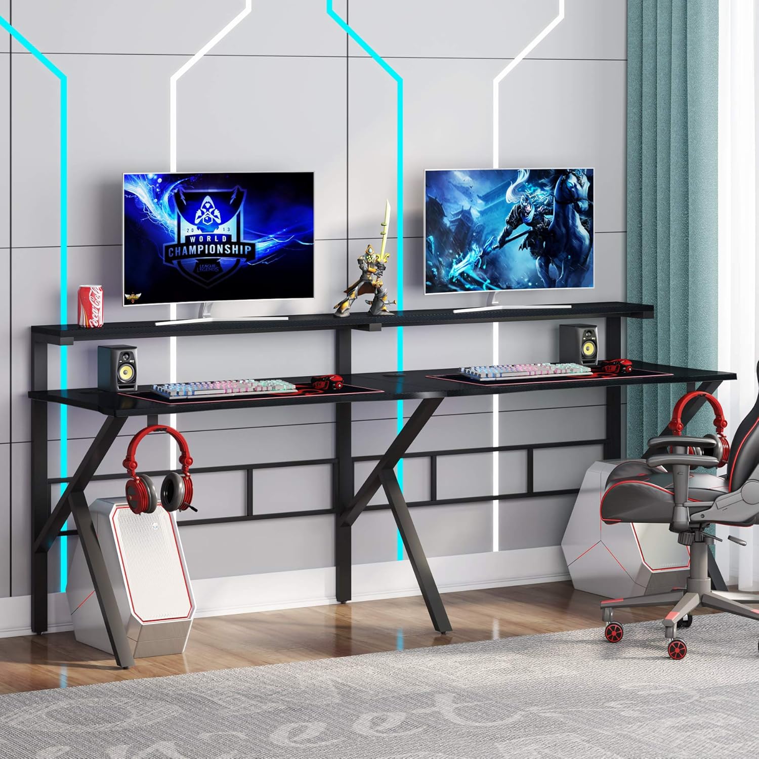 Tribesigns Two Person Gaming Desk with Hutch Monitor Shelf, 78 inches Double Computer Desk with Headphone Hooks, Extra Long K -Shaped Home Office PC Table Gamer Workstation,Textured Carbon Fiber,
