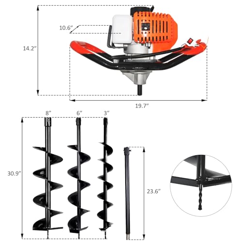 Post Hole Digger,72CC 2 Stroke Auger Post Hole Digger, Gas Powered Earth Digger 3 Auger Drill Bits(4