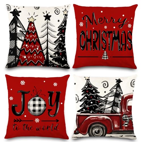 DIYDEC 4pcs Christmas Pillow Covers 18x18 Inch Red Pillow Covers Xmas Decorations Buffalo Tree Truck Merry Christmas Pillows Winter Holiday Farmhouse Seasonal Throw Case Decor for Sofa Couch