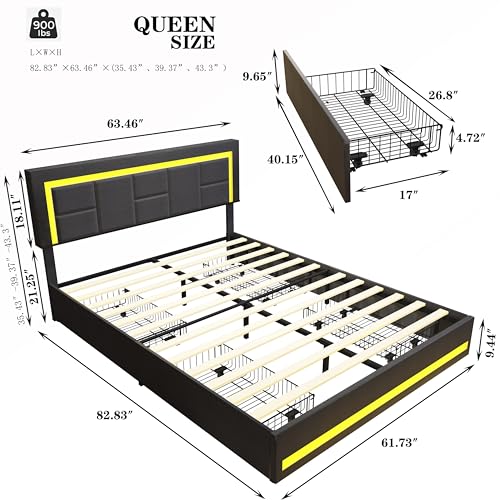 Queen LED Bed Frame with 4 Storage Drawers, Linen Upholstered Platform Bed Frame with LED Lights and Charging Station, Bed Frame with Adjustable Headboard, No Box Spring Needed, Grey