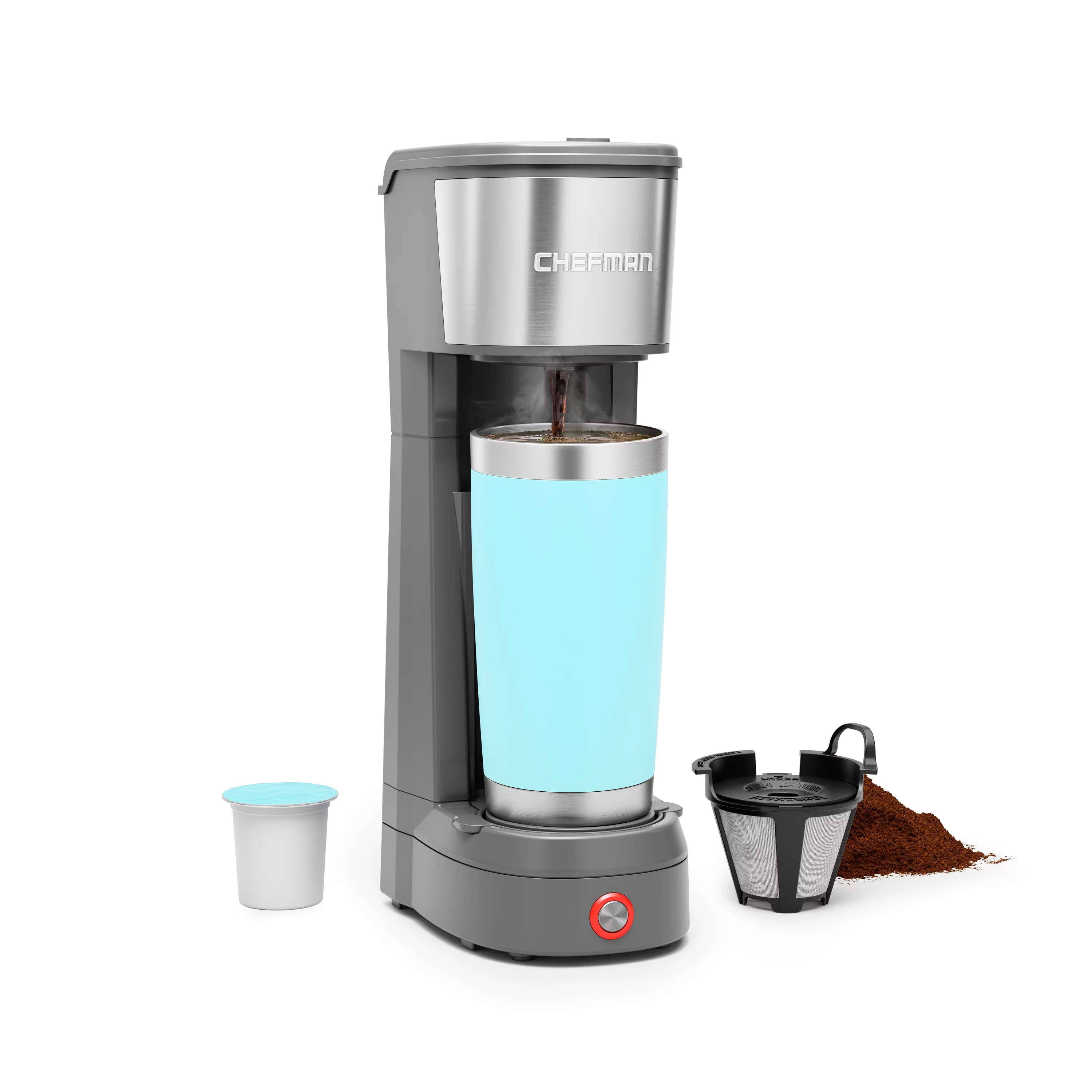 Chefman InstaCoffee Max, Brew Fresh Grounds or K-Cups With a Convenient Built-In Lift, Grey