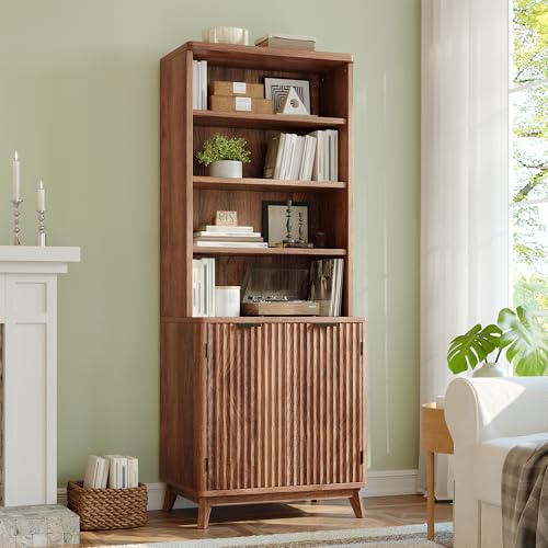 Tall Bookshelf with Doors, 6-Tier Bookcase with Adjustable Shelves & Storage,Mid-Century Modern Wooden Book Shelf for Home Office, Living Room, Kitchen,Natural