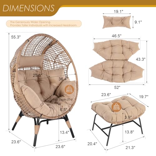 NICESOUL Stationary Egg Chair Indoor Outdoor Wicker Oversized Thick Cushions Egg Shaped Loveseat Chair,680lbs Egg Basket Lounge Chair with Ottoman Footrest for Patio Balcony Porch Bedroom Gray