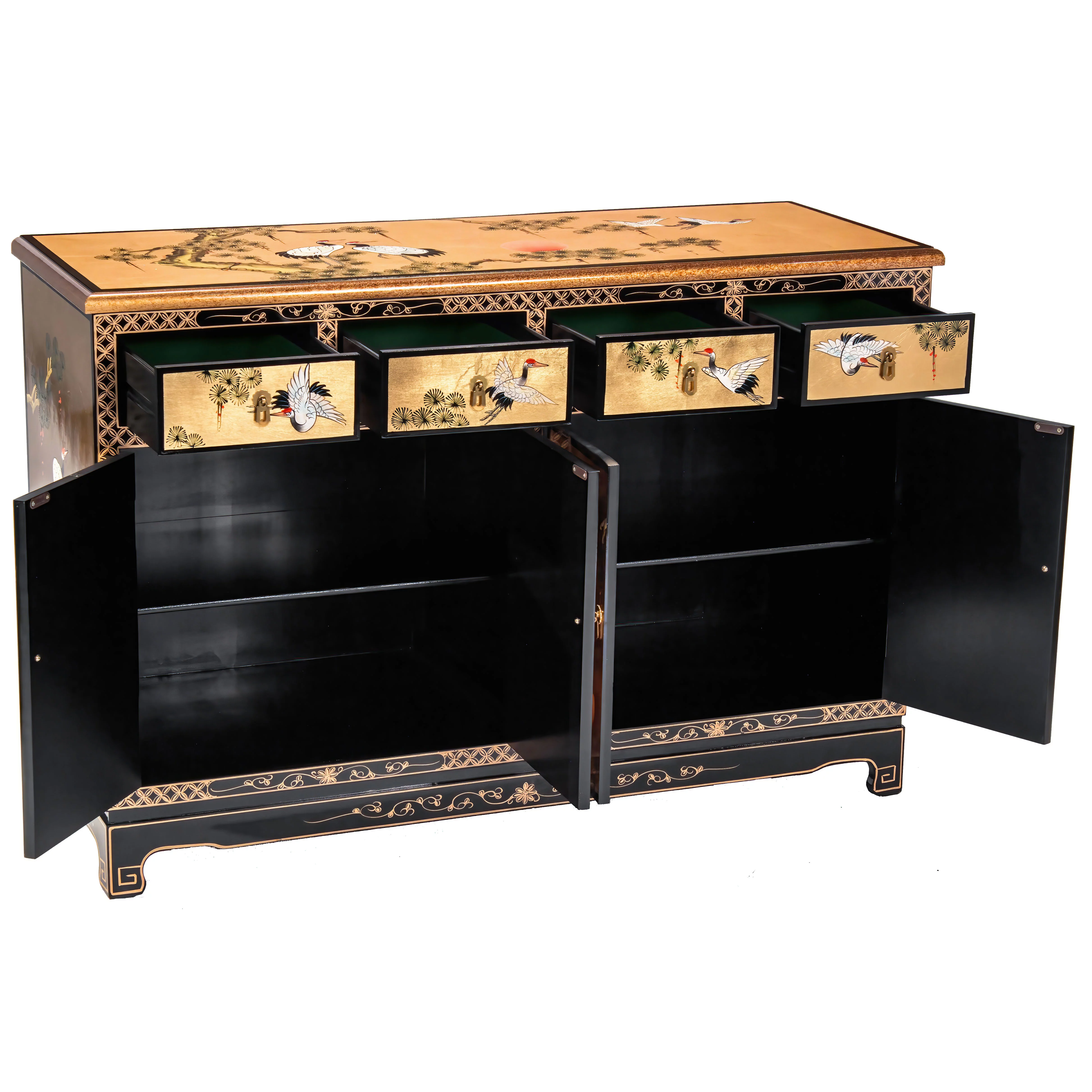 Oriental Furniture Gold Lacquer Sideboard - Cranes