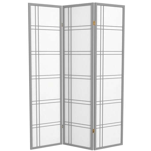 Red Lantern 6 ft. Tall Double Cross Shoji Screen-Grey-3 Panels Room Divider