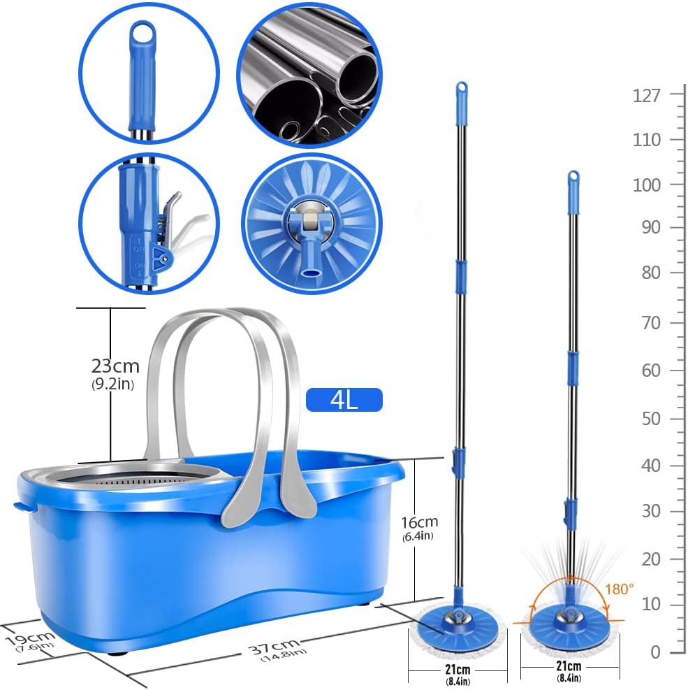 MASTERTOP Spin Mop and Bucket with Wringer Set, Microfiber Mops Bucket Floor Cleaning System, Wet Dry Spinning Mopping for Hardwood Laminate Floors - Stainless Steel Handle & 5 Reusable Pads