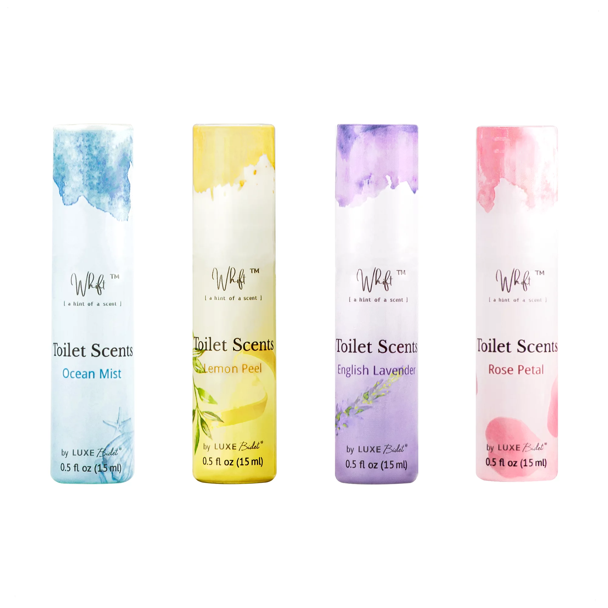 Whift Toilet Scents Drops by LUXE Bidet, Value 4-Pack (Rose Petal, Lemon Peel, English Lavender, Ocean Mist) 0.5 oz / 15 mL each