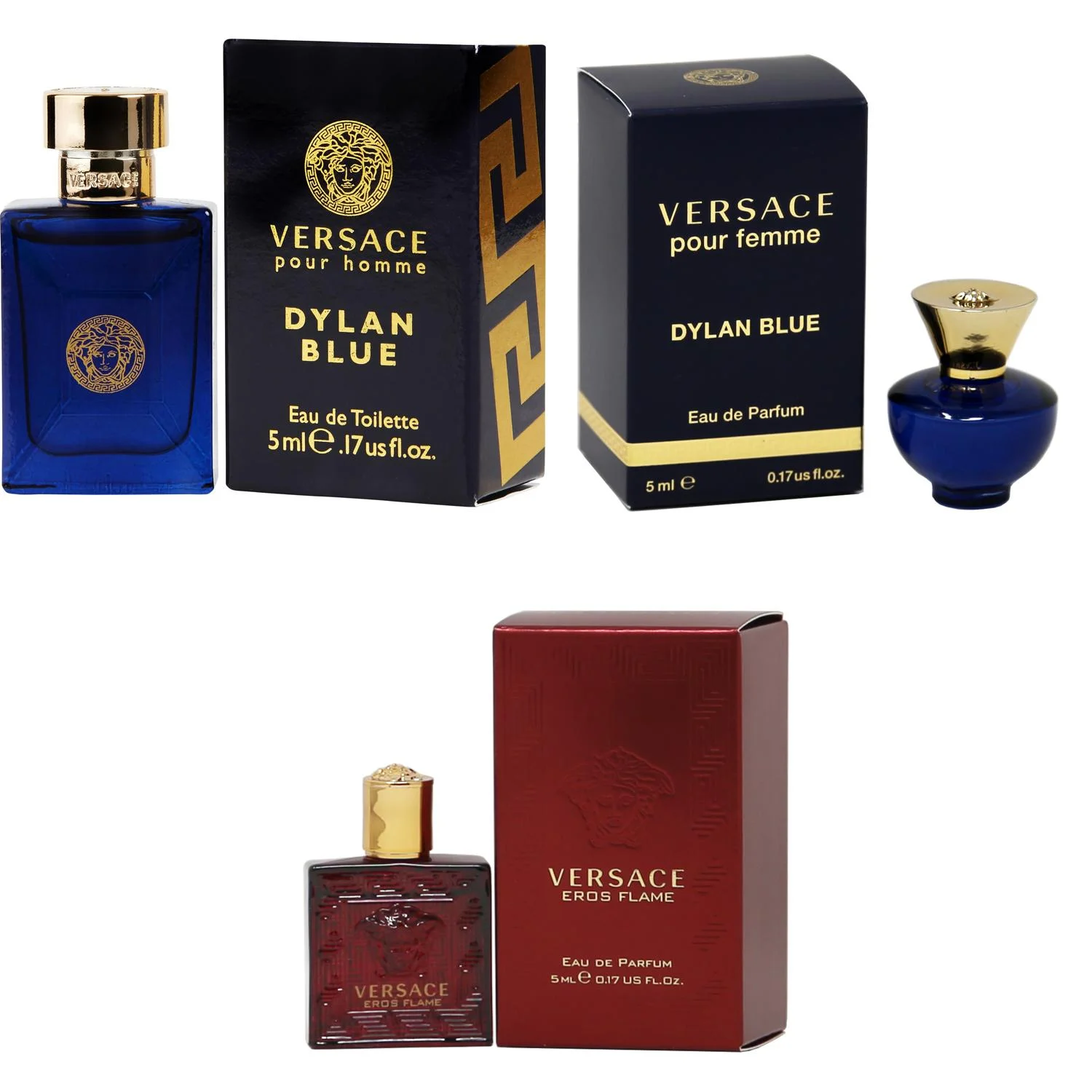 Versace Dylan Blue EDT, Dylan Blue Femme EDP, Eros Flame EDP  - 5ml 3PK Kit