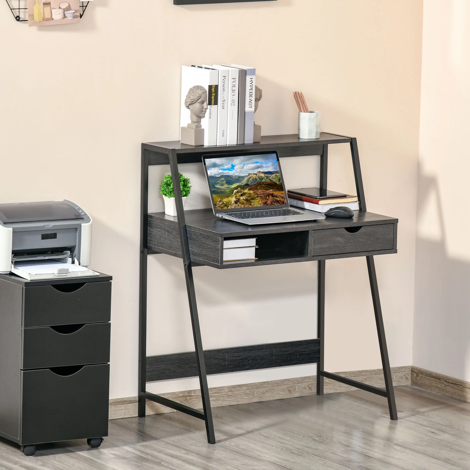 HomCom Home Office Desk, Computer Desk for Small Spaces, Writing Table with Drawer and Storage Shelves, Grey