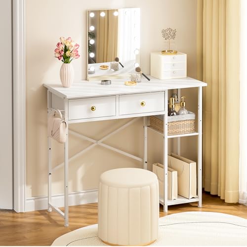 White Vanity Desk Without Mirror for Bedroom, Makeup Desk with 2 Fabric Drawers, Vanity Desk with Iron Hook, 36 Inches Vanity with Storage, White