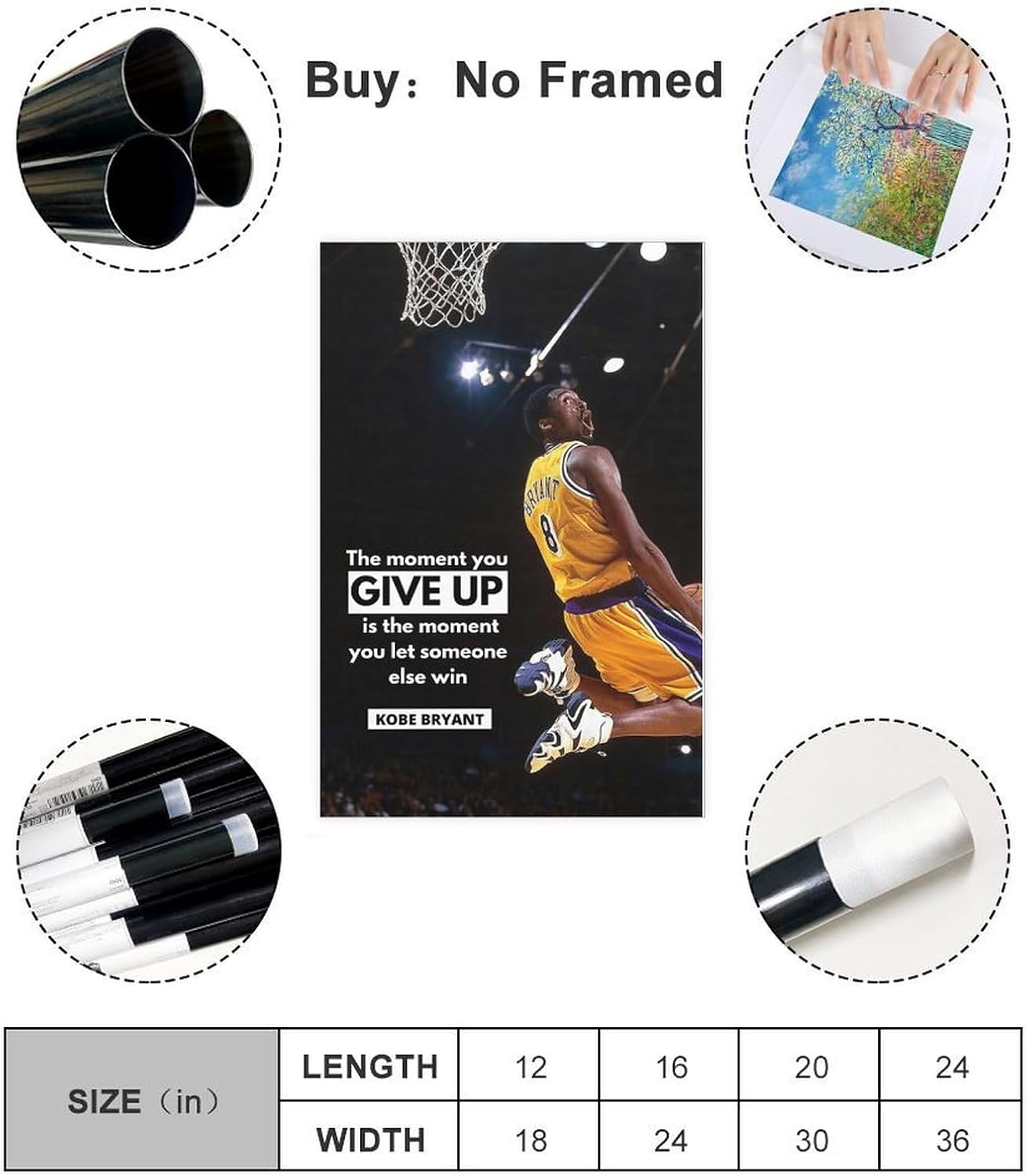 Kobe Poster Bryant Poster Motivational Quote Basketball 1 Canvas Poster Wall Art Decor Print Picture Paintings for Living Room Bedroom Decoration Unframe:12x18inch(30x45cm)