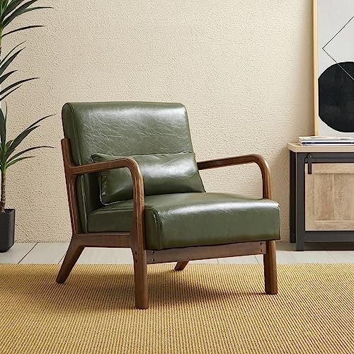 Glitzhome 2 Set Mid Century Black Accent Armchair, Single Reading Armchair PU Leather Lounge Chair with Walnut Ruberwood Frame