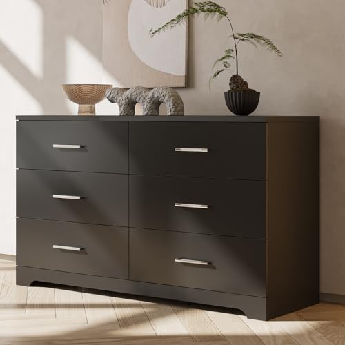 6 Drawer Dresser for Bedroom, Black Dresser Chest of Drawers, Wooden Bedroom Dresser TV Stand, Large Dresser Storage Chest with Deep Drawers, Living Room Bedroom Furniture, 47.2