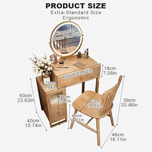 Wooden Makeup Desk for Bedroom Dressing Room Vanity Desk with Mirror and Lights 3 Lighting Color Adjustable Vanity with Drawers with Cushioned Stool for Women Girls Dressing Room.
