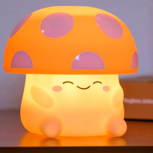 Ambient Mushroom Night Light, Cute Silicone Squishy Light Up Mushroom Lamp, Tap-Sensitive 3 Level Dimmable Nightlight, Easter Gifts for Kids, Battery-Powered Touch Lamp, Baby Nursery Decor