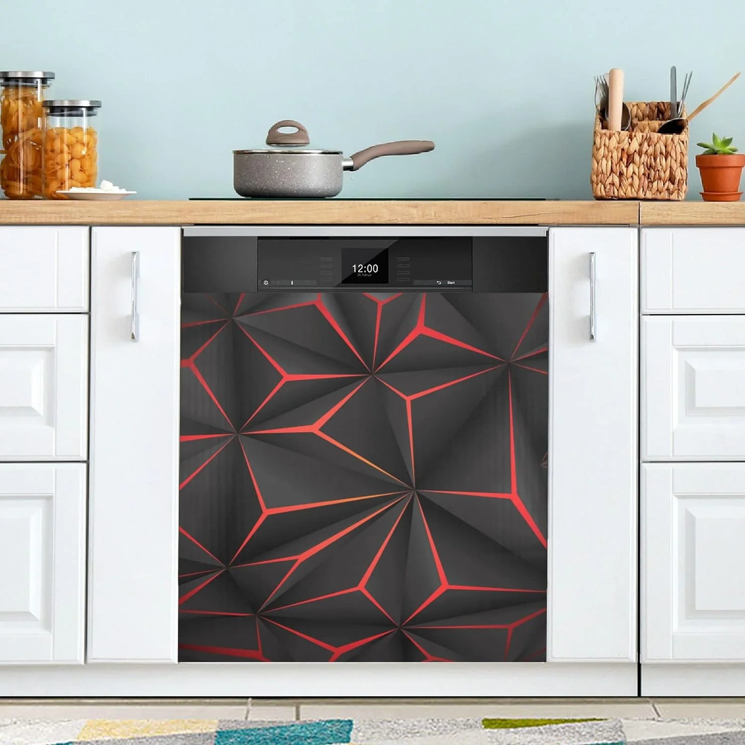 Front Dishwasher Magnet Sticker Cover Decorative Appliances Stickers 3D Geometric Black Polygon Red Futuristic Refrigerator Skins Dishwasher Panel Decals