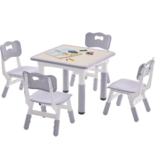 Kids Table and 2 Chairs Set, Height-Adjustable Toddler Table and Chairs Set with Graffiti Desktop, 23.6''L x 23.6''W Children Activity Table for Daycare, Classroom, Home, Burlywood-w
