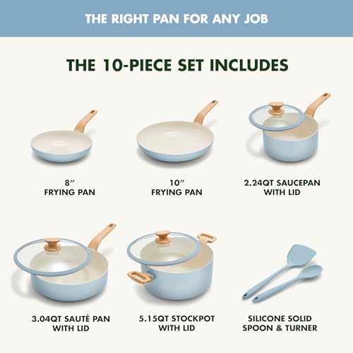 GreenPan Rio Essence Wood 10 Piece Cookware Pots and Pans Set, Healthy Ceramic Nonstick, PFAS PFOA Free Coating, Induction, Silicone Rim Lids, Stay-Cool Wood Print Handles, Dishwasher Safe, Blue