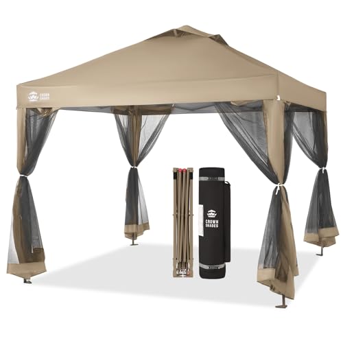 CROWN SHADES Gazebo 10x10 Pop Up Canopy with Mosquito Netting, Screen Tent with 4 Ropes, 8 Stakes, 4 Sandbags and Wheeled Storage Bag, Canopy for Patio & Backyard, Beige