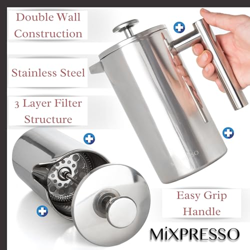 Mixpresso Stainless Steel French Press Coffee Maker 27 Oz 800 ml, Double Wall Insulated French Press Stainless Steel, Easy Clean Tea Brewer, Easy Press Durable Metal Coffee Press