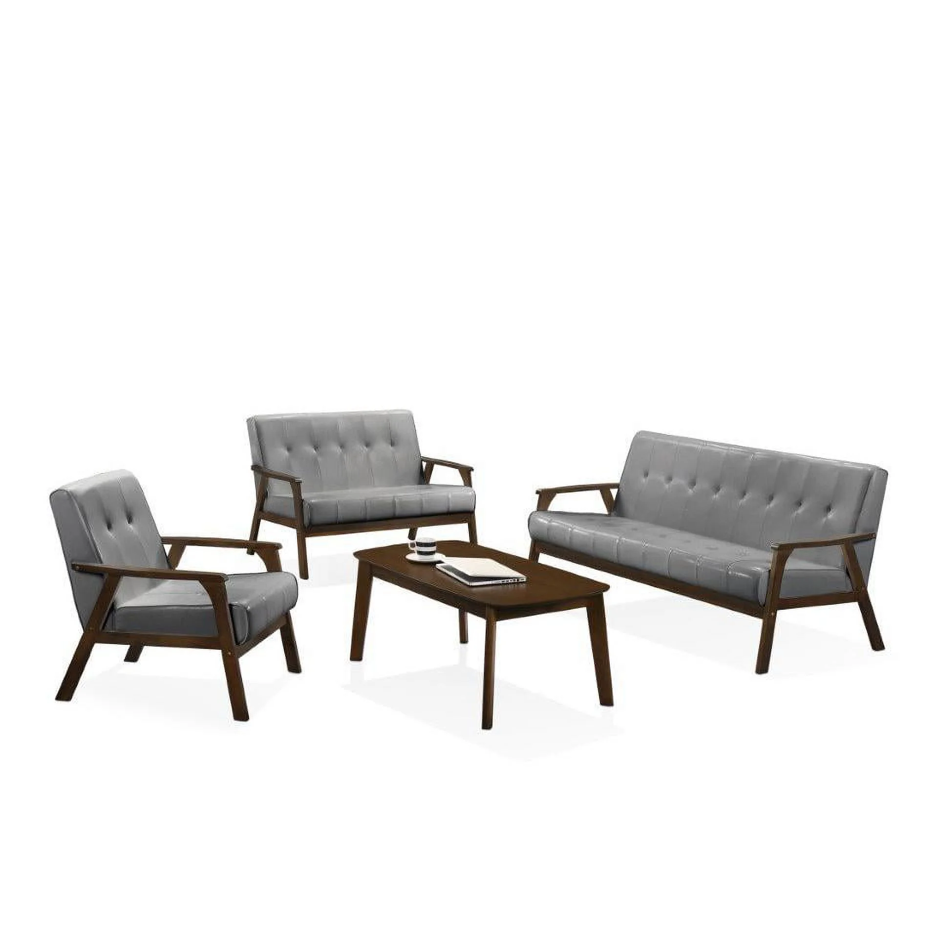 Uptown Modern Iven Mid Century Wood Arm 4pc Living Room Set, Grey