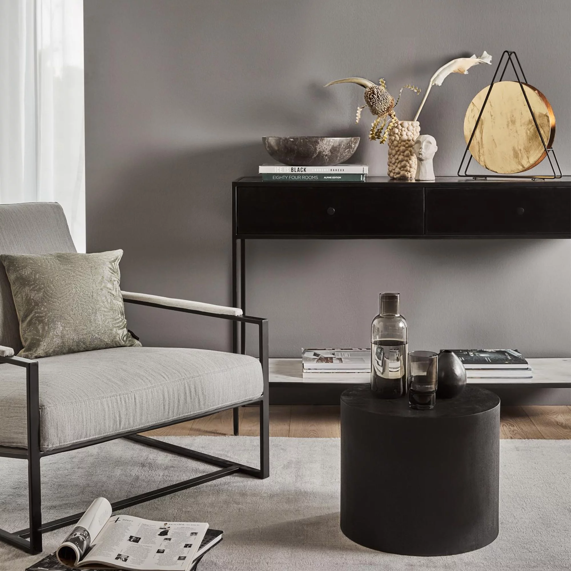 End table Modern Farmhouse Round Accent Nesting Side Coffee Table Set (Set of 2) Drum Black Rustic Oak End Tables