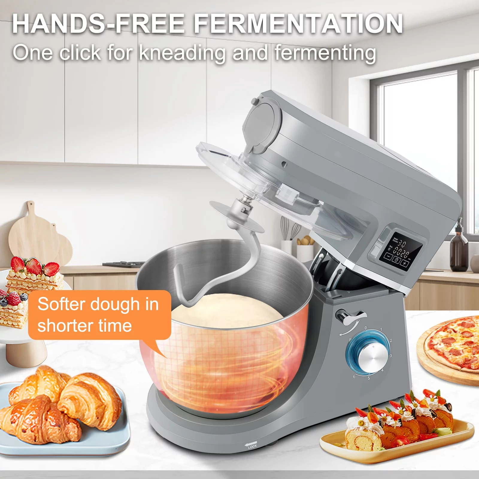 BENTISM Stand Mixer 7.4Qt LCD Screen Timing 6-Speed Dough Mixer w/ Grinder Juicer
