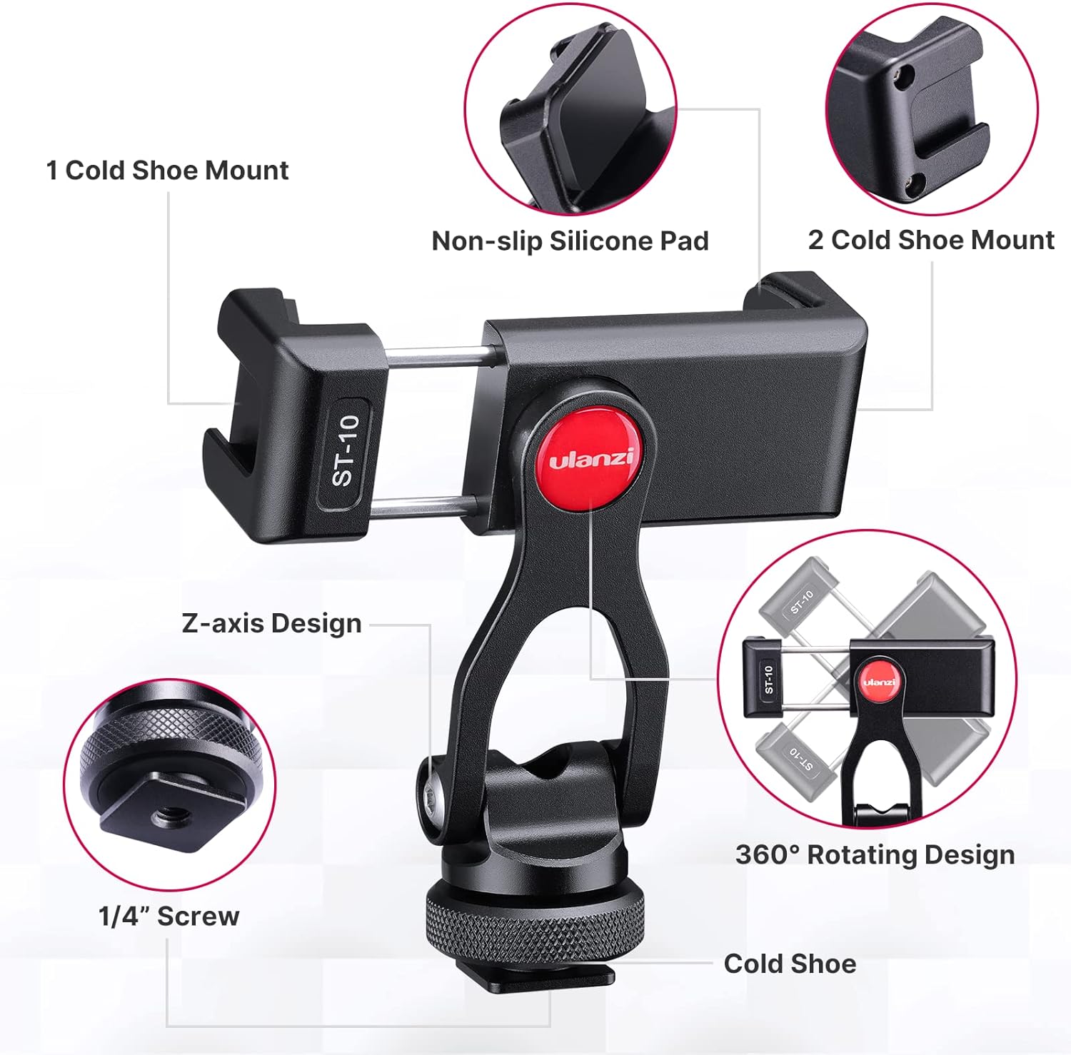 ULANZI Metal Phone Tripod Mount ST-10, Universal 360° Smartphone Adapter with 2 Cold Shoe Mount, Adjustable Cell Phone Clamp Stand Holder, Compatible with iPhone, Samsung Galaxy and All Phones