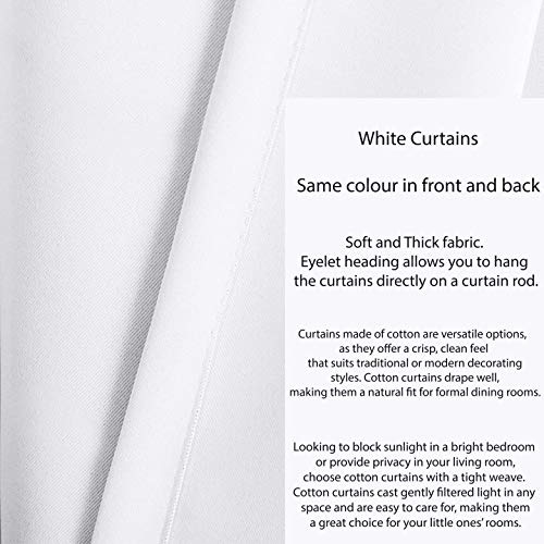White Cotton Curtains - 100% Cotton Solid Thick Fabric Window Curtain 84 Inch Long, Cotton Curtains, Tab Top Room Darkening Drapes, Bedroom & Living Room Drapes - 55 x 84 Inch - Set of 2