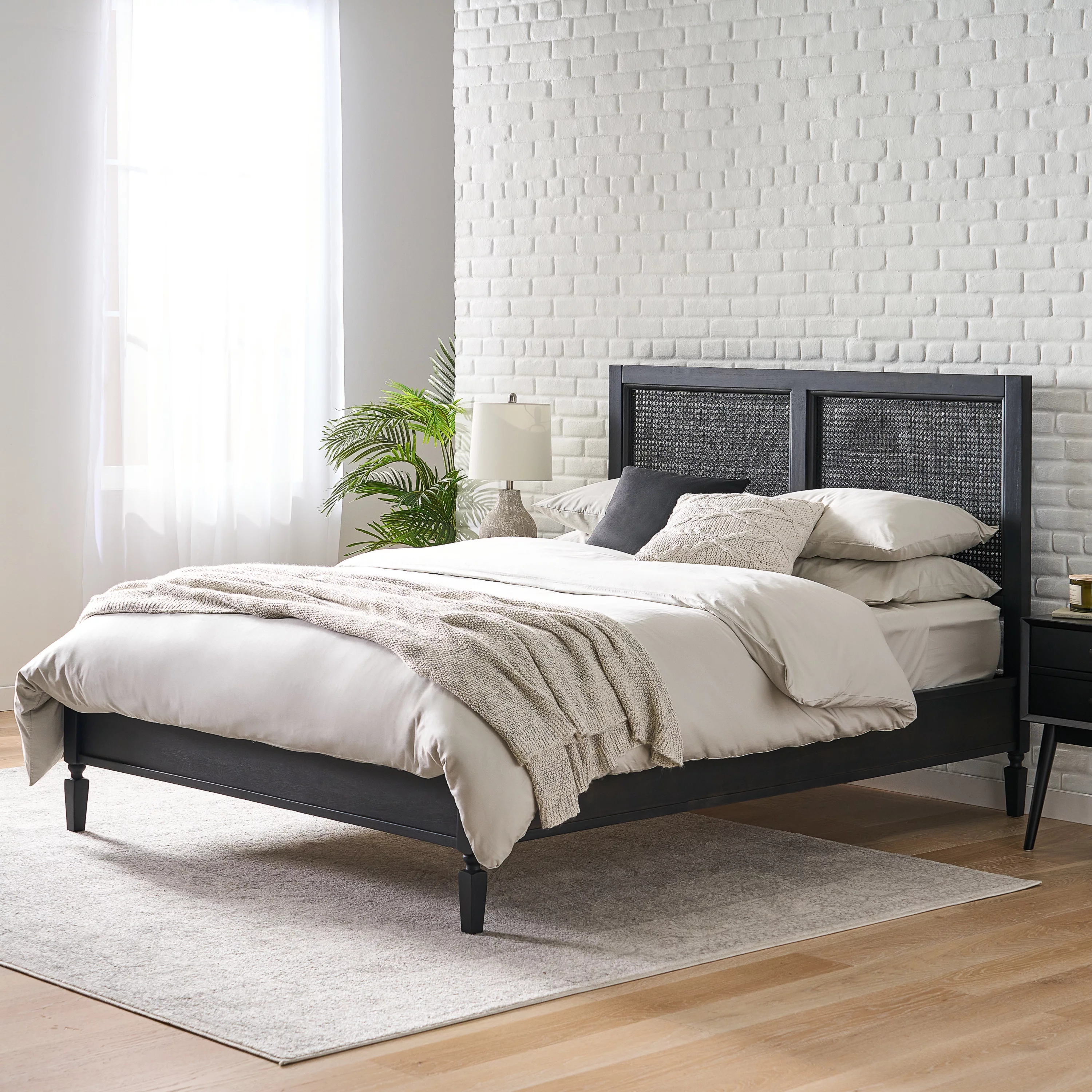 Noble House Pelon Acacia Wood and Rattan Queen Bed, Dark Gray
