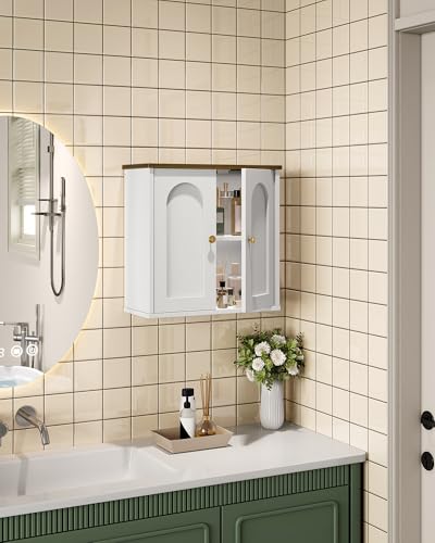 Bathroom Wall Cabinet, Medicine Cabinet with Adjustable Shelf, Modern Wall Cabinet with 2 Doors, Farmhouse Wall Mounted Storage Cabinet, for Bathroom, Living Room, Kitchen, White and Walnut