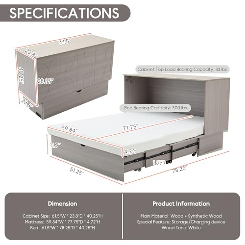 Queen Size Murphy Bed Cabinet with Charging Station & Storage Drawer, Wall-Mounted Tri-Fold Mattress Space Saver for Bedroom, Living Room, Office -Grey