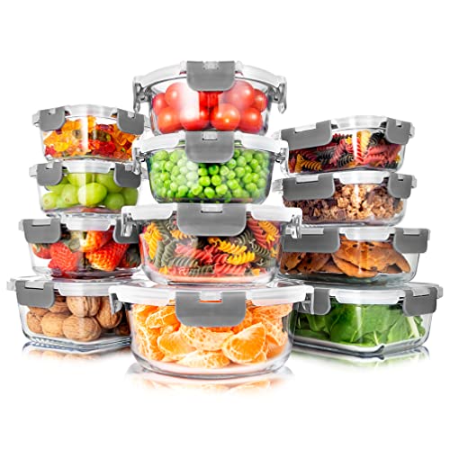 SereneLife 12-Piece Glass Food Storage Containers with Improved Locking Lids - Airtight Glass Meal Prep Set with 12 Containers & 12 Lids - Airtight Bento Boxes, BPA-Free - 11 To 35 Oz. Capacity, Gray