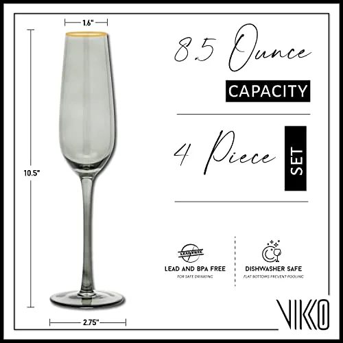 Vikko Champagne Flutes, 8.5 Ounce Toasting Champagne Flute, Smoked with Gold Rim, Crystal Clear Champagne Glasses, Set of 4 Elegant Sparkling Wine Glasses