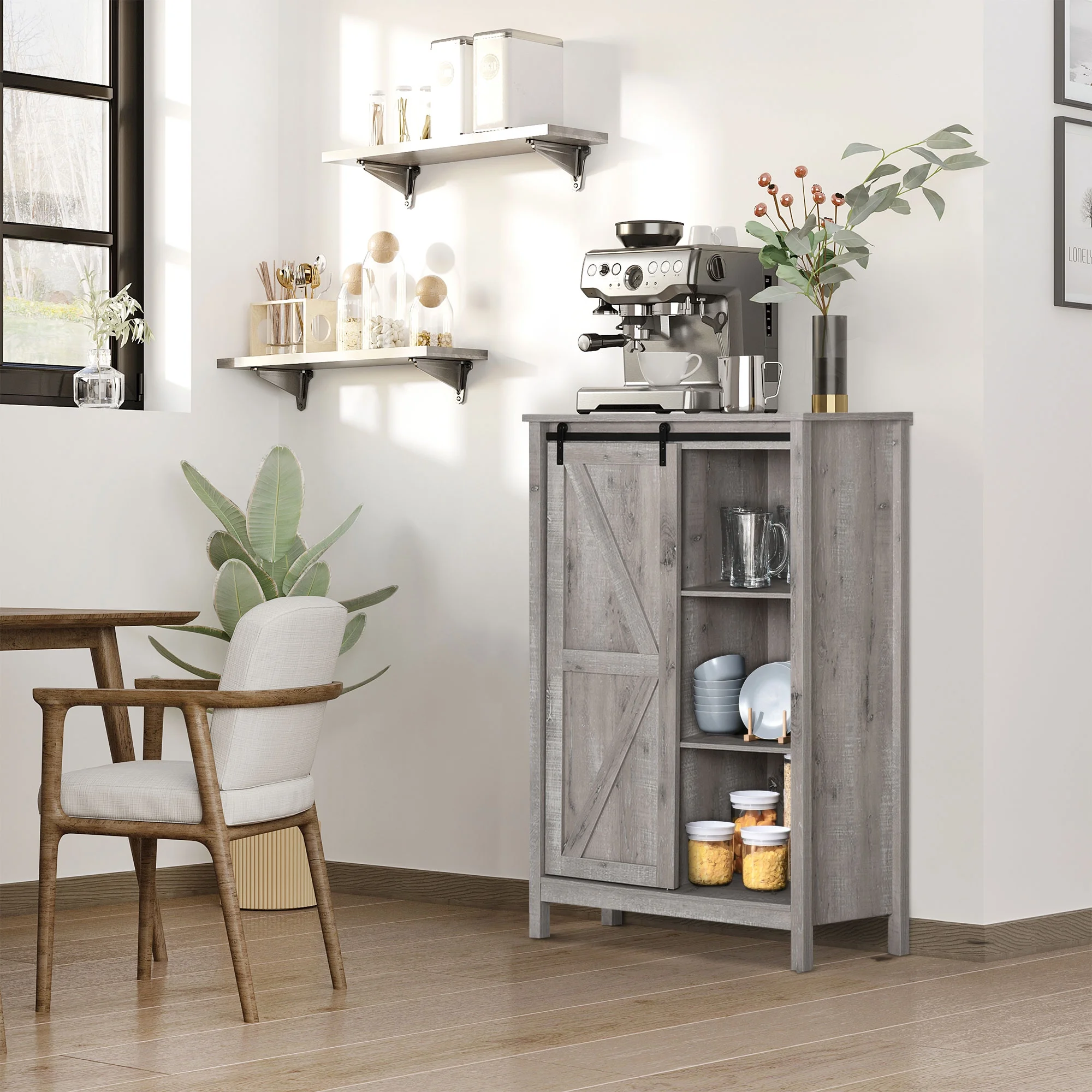 HOMCOM Farmhouse Accent Cabinet, Kitchen Cupboard Storage Cabinet with Barn Door and Adjustable Shelf, Grey Oak