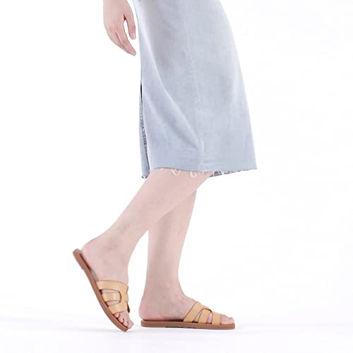 Athlefit Women's Flat Sandals Summer Casual Slip On Leather Slide Sandal