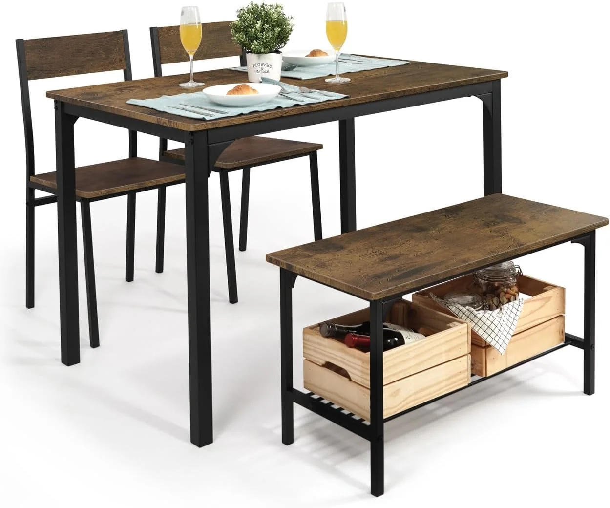 CAPHAUS 4 Pieces Dining Table Set for 4 w/ Bench and Chairs, Modern Table Set for Dining Room, Home, Kitchen w/ Storage Rack, Rectangle Table, Bench & Two Chairs, Space-Saving Dining Set, Rustic Oak