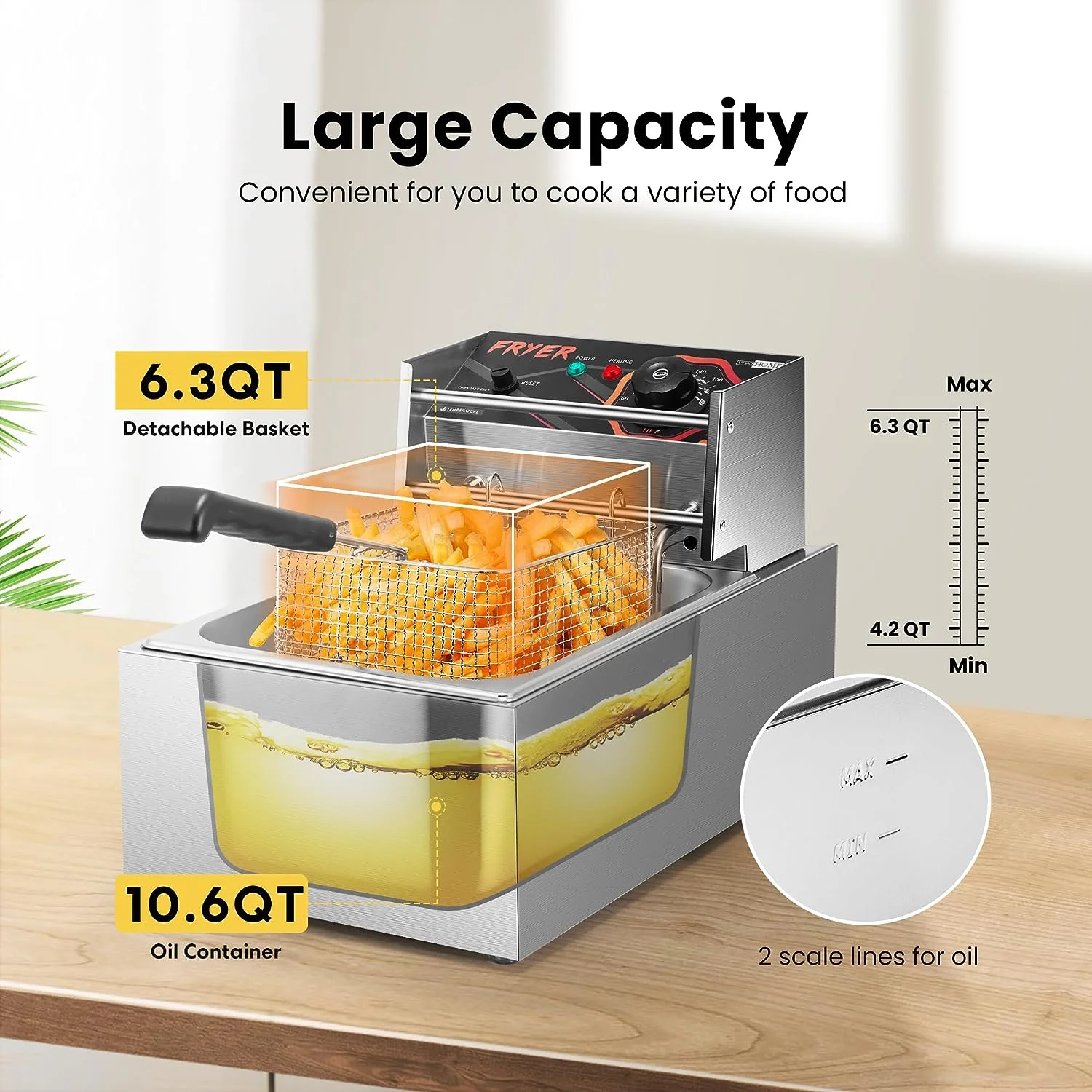SPECSTAR 2500W 10.6 QT Electric Deep Fryer with 6.3 QT Removable Basket, Temperature Adjustable 140-392℉