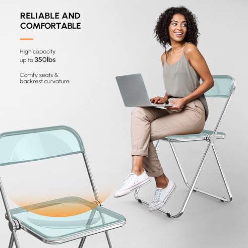 VINGLI Acrylic Folding Chairs 2 Pack, Clear Chair Foldable and Stackable, Plastic Panel & Metal Chrome Frame, Weight Capacity 350 lbs, Transparent