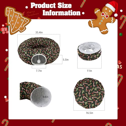 Cat Tunnel Bed Under Christmas Tree, 3FT x 3FT x 9.8IN Foldable Cat Tunnels for Indoor Cats, Decorative Christmas Style Tunnel for Cats Festive Kitten Donut Tunnels for Small Animals(Green,Candy Cane)