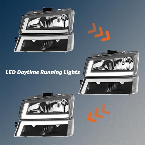 Headlights Assembly w/LED DRL compatible with 2003-2006 Chevy Silverado 1500 2500 3500, 03-06 Avalanche (No Cladding only), Headlamp w/Sequential Tun Signal