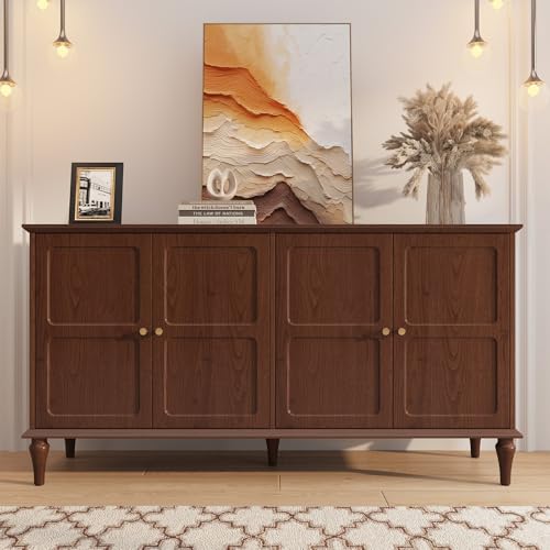 ARTPOWER Sideboard Buffet Cabinet with Storage, 58'' Mid-Century Modern Storage Cabinet with 4 Doors and Adjustable Shelves, Accent Style Sideboard for Entryway, Dining Room, Living Room, Brown